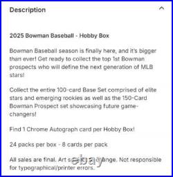 2025 Bowman Baseball Hobby Box Factory Sealed 2025 Bowman Baseball Hobby Box Factory Sealed